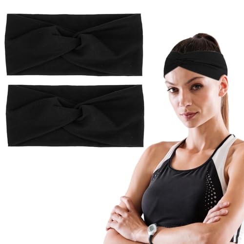 2 Stück Yoga Sport Stirnband Schwarz Stirnbänder Damen Elastisch Haarbänder Stretch Modisches Stirnband Weicher Stoff Gedreht Breites Haarband Süßes Dickes Bandana für Damen Mädchen von DIVINA VITAE