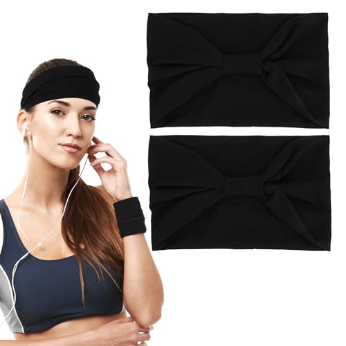 2 Stück Yoga Stirnband Schwarze für Damen Mädchen Breites Stretch Stirnband Headband Nahtlos Schweißband Schlauchschal Twist Knoten Dickes Stoff Haarband für Fahrrad Sport Fitness Laufen von DIVINA VITAE