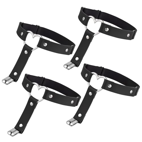 Leder Strumpfhalter 4 Stück Schwarz Herzförmig Verstellbares Strumpfband Punk Gothic Oberschenkel Strapsgürtel Anti Rutsch Clip Damen Halloween Rave Karneval Cosplay Party Zubehör von DIVINA VITAE