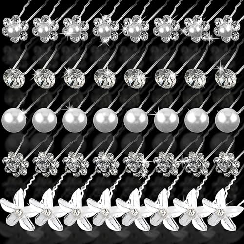 40 Stück Hochzeit Braut Haarnadeln Silber Perlen Strass Haarschmuck Kristall Blume Hochzeit Brautschmuck Damen Mädchen Kommunion Haarschmuck von DIVINA VITAE