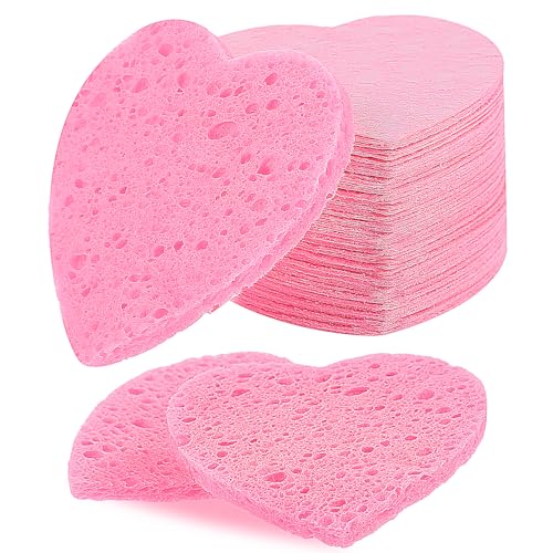 50 Stück Komprimierte Gesichtsschwämme für Reinigung und Peeling Natürlicher Make Up Sponge Wiederverwendbarer Herz Schwamm für Gesichtstiefenreinigung und Make-up Entferner (Rosa) von DIVINA VITAE