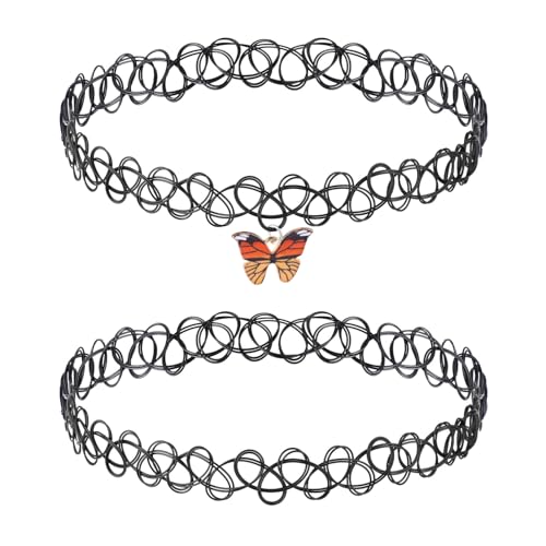 DIVINA VITAE 2 Stück Tattoo Kette Choker Kette Damen Stretch Schmuck 90s Halskette für Damen Teenager Mädchen Schwarze Anhänger Schmuck für Sommerstil Tattoo Choker Halsband von DIVINA VITAE