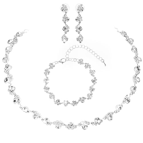 DIVINA VITAE 3 Stück Brautschmuck Hochzeitsschmuck Set Strass Halsketten Ohrringe Armband Schmuckset Damen Halskette Kristall Modeschmuck Brautschmuck Abschlussball für Frauen Mädchen von DIVINA VITAE