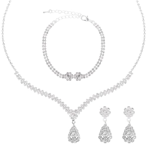 DIVINA VITAE 3 Stück Brautschmuck Set Silber Kristall Strass Hochzeitsschmuck Braut Halskette Armband Ohrringe Braut Brautjungfer Abschlussball Kostüm Schmuckset Damen Mädchen Hochzeits Accessoires von DIVINA VITAE