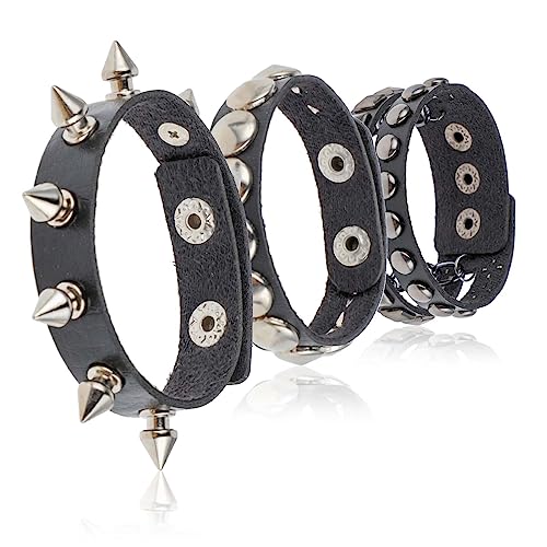 DIVINA VITAE 3 Stück Nietenarmband Schwarze Leder Punk Armband mit Nieten Nietenmanschette Verstellbare Punk Rock Armbänder mit Metallnieten Halloween Party Punk Zubehör für Herren Damen von DIVINA VITAE