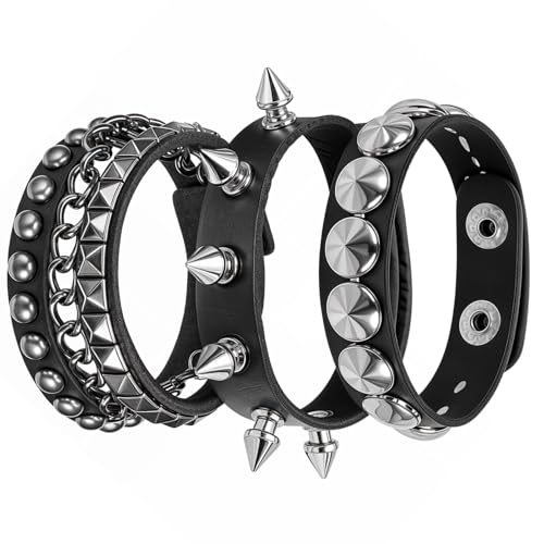 DIVINA VITAE 3 Stück Nietenarmband Schwarze Leder Punk Armband mit Nieten Nietenmanschette Verstellbare Punk Rock Armbänder mit Metallnieten Halloween Party Punk Zubehör für Herren Damen von DIVINA VITAE