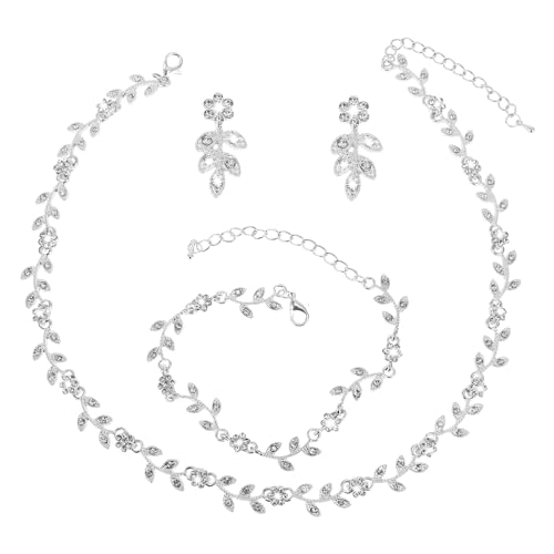 DIVINA VITAE 4 Stück Brautschmuck Set Silber Kristall Strass Schmuck Blumenblätter Armband Ohrringe Halskette Set für Braut Brautjungfer Damen Abschlussball Hochzeit formelles Schmuck Set von DIVINA VITAE