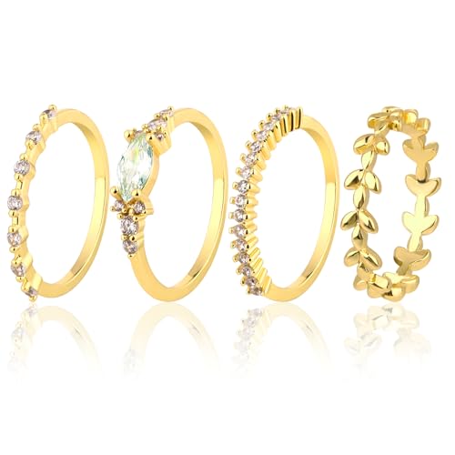 DIVINA VITAE 4 Stück Gold Ringe Frauen Stapelbare Ring Gold Damen, 18 Karat Vergoldet Mit Zirkonia, Zierliche Goldringe, Trendiger Hypoallergener Goldring Für Damen, Größe (8) von DIVINA VITAE