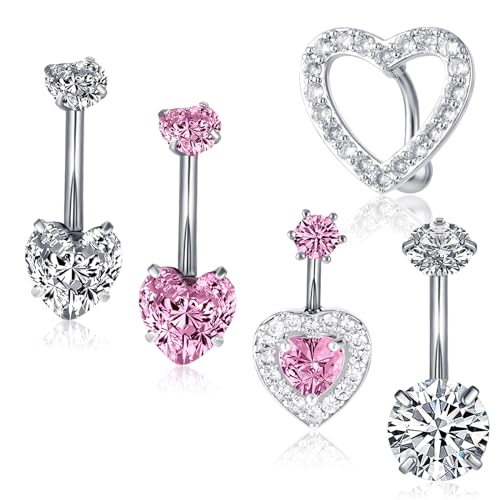 Bauchnabelpiercing Barbell Set 5 Stück Bauchpiercing Chirurgenstahl Silbernes Herz Rosafarbenes Anhänger, Bauchnabelpiercing Bauchnabelring, Piercing Bauchnabel Schmuck Damen von DIVINA VITAE
