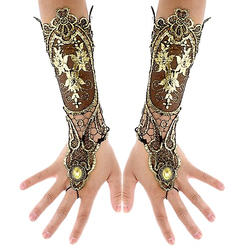 DIVINA VITAE Fingerlose Handschuhe Damen Retro Spitze Lange Goldene Spitzenhandschuhe mit Blumenmuster Armbandring Handgefertigte Spitzenhandschuhe Brauthandschuhe mit Fingerring von DIVINA VITAE