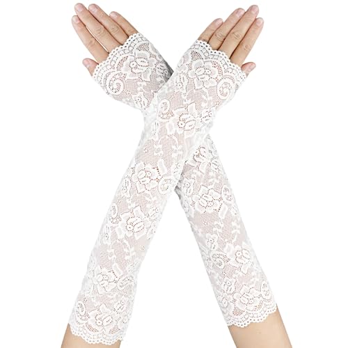 DIVINA VITAE Fingerlose Spitzenhandschuhe Damen, Lange Weiße Spitzen Handschuhe, Lace Gloves mit Blumenmuster für Brautparty, Abschlussballkleid, Oper von DIVINA VITAE