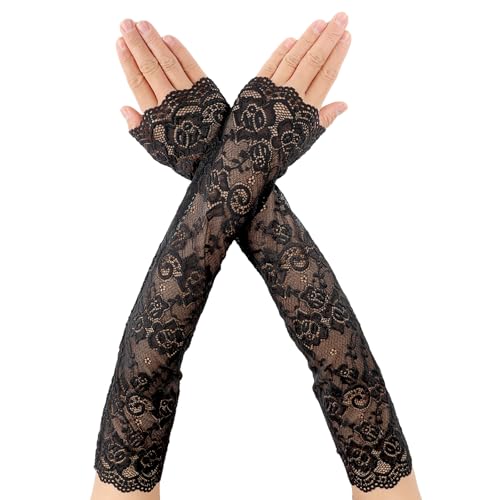 DIVINA VITAE Lange Schwarze Spitzen Handschuhe, Fingerlose Spitzenhandschuhe Damen, Lace Gloves mit Blumenmuster für Brautparty, Abschlussballkleid, Oper von DIVINA VITAE
