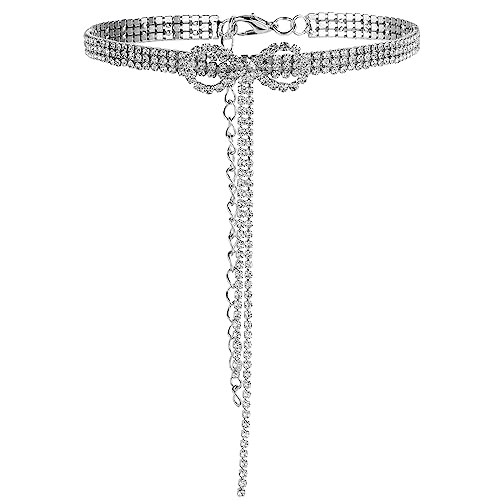 DIVINA VITAE Strass Halskette Damen Kristall Silberketten Schleifen Kette Funkelnde Necklace Lange Quaste Halskette Sexy Schlüsselbeinkette für Party Abschlussball Hochzeit von DIVINA VITAE