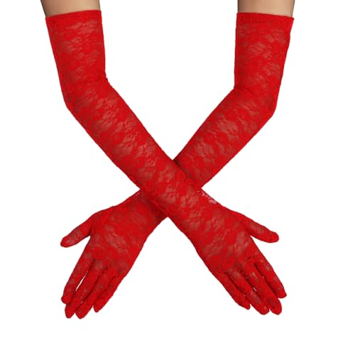 DIVINA VITAE Damen Rot Spitzenhandschuhe Lange Brauthandschuhe Hochzeit Vintage 1920er Jahre Tea Party Oper Hochzeits Armstulpen Damen Mädchen Abschlussball Party Kostüm Zubehör von DIVINA VITAE