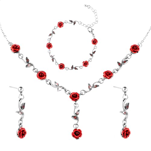 DIVINA VITAE Rote Rosen Schmuckset für Damen 3 Stück Rosenblüten Halskette Armband und Ohrringe Set, Mädchen Romantische Hochzeit Brautschmuck Rosen Halskette Rote Schmuck Set (Weißgold) von DIVINA VITAE