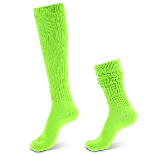 Neon Damen Slouch Socken 80er Jahre Retro Knit Kniestrümpfe Schoppersocken Neongrün Geraffte Socken 80er Jahre Outfit Karneval Party Zubehör von DIVINA VITAE