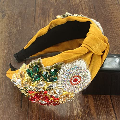 Retro Tiara Stirnbänder Frauen Große Blume Haarband Kristall Strass Haarband Palace Crown Böhmen Headwear Haarschmuck Perlen Stirnband (Color : Blu, Size : Yellow headband) von DIXII