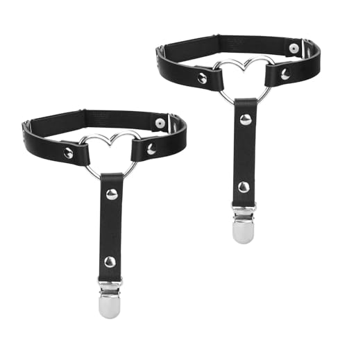 DIYCUT 2 Stück Verstellbare Leder Strumpfbänder, Damen Anti-Rutsch Clip Strumpfhalter, Punk Gothic Accessoire Schwarz, für Cosplay, Halloween, Karneval, Burlesque Party Zubehör von DIYCUT