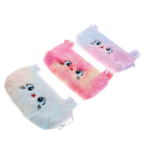 DIYEAH 3 Stück Teiliges Plüsch Katze Federmäppchen mit Reißverschluss Gradient Farbmuster Kompakt und Langlebig Kosmetiktasche und Stifteorganizer für Frauen Teenager Büro Schule Reise von DIYEAH