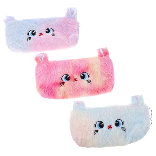 DIYEAH 3 Stück Teiliges Plüsch Katzen Federmäppchen mit Reißverschluss Weiche Kosmetiktasche Stilvolle Farbverlaufs Designs Vielseitiger Organizer für Stifte Kosmetik und Kleingeld für von DIYEAH