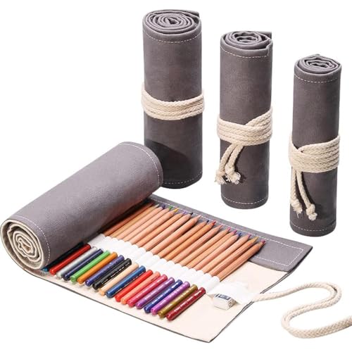 DIYOMR 12/24/36/72 Schlitze Bleistift Wrap Bleistiftrollen, Künstler Buntstift Roll Up Tasche kurze Pinseltasche Bleistifte Organizer zum Zeichnen, Ausmalen und Skizzieren, keine Bleistifte (grau, 12 von DIYOMR