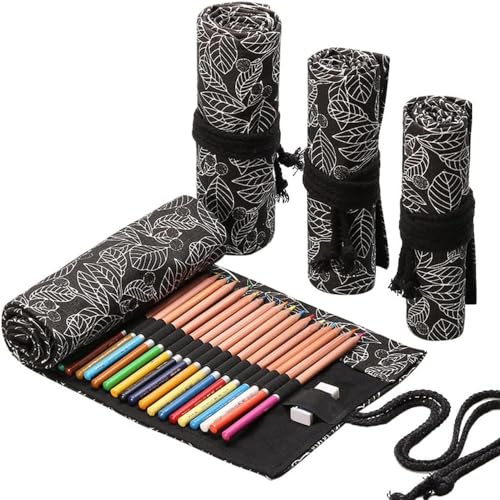 DIYOMR 12/24/36/72 Schlitze Bleistift Wrap Bleistiftrollen, Künstler Buntstifte Roll Up Tasche Kurze Pinsel Tasche Bleistift Organizer zum Zeichnen Ausmalen und Skizzieren (schwarze Blätter, 12 von DIYOMR