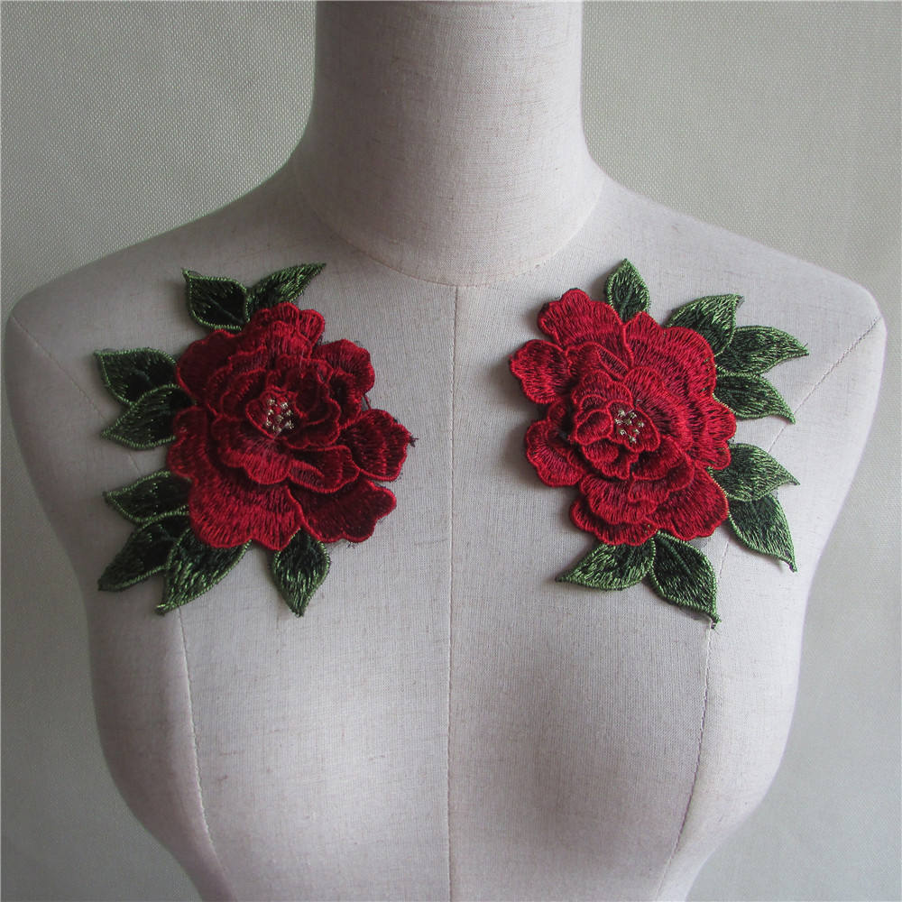 Ein Paar Gestickte Rote Blumenapplikationsaufnäher, Vintage Blumenaufnäher Für Kleidung Oder Kleid, Dekorative Stickereiapplikationen von DIYsharing