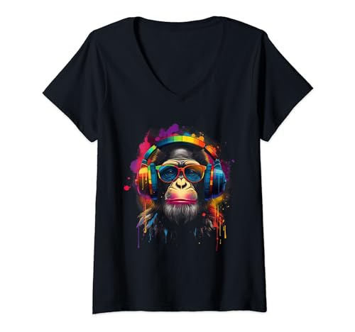 Damen DJ Monkey mit Sonnenbrille und Kopfhörer lustiger DJ Affe T-Shirt mit V-Ausschnitt Damen DJ Monkey mit Sonnenbrille und Kopfhörer lustiger DJ Affe T-Shirt mit V-Ausschnitt von DJ Affe mit Sonnenbrille DJ Kopfhörer Rave Monkey