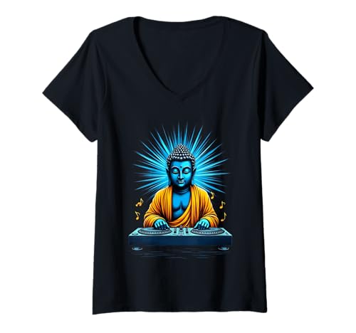 Damen Buddha-DJ T-Shirt mit V-Ausschnitt von DJ Buddha Music Vibes for Dance Lovers