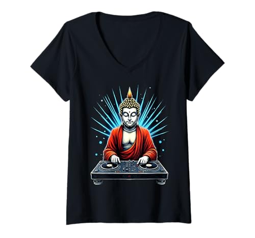 Damen Buddha-DJ T-Shirt mit V-Ausschnitt von DJ Buddha Music Vibes for Dance Lovers