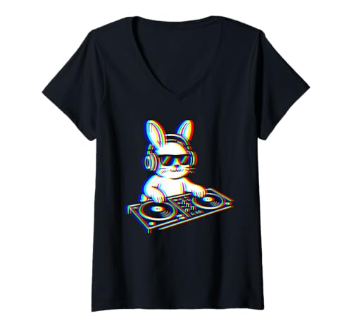 Damen DJ Bunny Glitch Art Kopfhörer Plattenspieler Musik Design T-Shirt mit V-Ausschnitt Damen DJ Bunny Glitch Art Kopfhörer Plattenspieler Musik Design T-Shirt mit V-Ausschnitt von DJ Bunny Glitch Style Tees