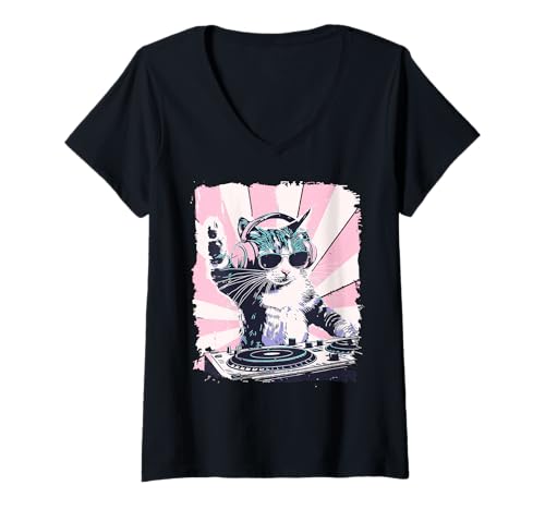 Damen Lustige DJ-Katze mit Kopfhörern, Retro-Musikliebhaber-Kunst T-Shirt mit V-Ausschnitt Damen Lustige DJ-Katze mit Kopfhörern, Retro-Musikliebhaber-Kunst T-Shirt mit V-Ausschnitt von DJ Cat Beats