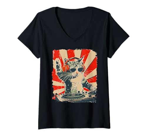 Damen Lustige DJ-Katze mit Kopfhörern, Retro-Musikliebhaber-Kunst T-Shirt mit V-Ausschnitt Damen Lustige DJ-Katze mit Kopfhörern, Retro-Musikliebhaber-Kunst T-Shirt mit V-Ausschnitt von DJ Cat Beats