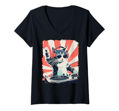 Damen Lustige DJ-Katze mit Kopfhörern, Retro-Musikliebhaber-Kunst T-Shirt mit V-Ausschnitt von DJ Cat Beats