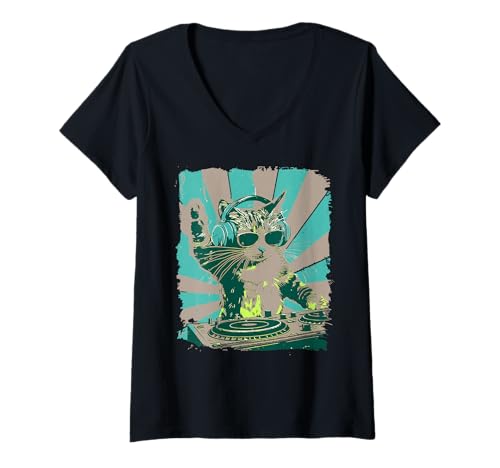 Damen Lustige Katze mit Kopfhörer & Sonnenbrille Vintage Art T-Shirt mit V-Ausschnitt Damen Lustige Katze mit Kopfhörer & Sonnenbrille Vintage Art T-Shirt mit V-Ausschnitt von DJ Cat Beats