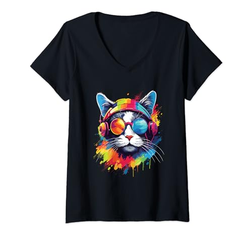Damen DJ-Katze mit Kopfhörern und Sonnenbrillen T-Shirt mit V-Ausschnitt Damen DJ-Katze mit Kopfhörern und Sonnenbrillen T-Shirt mit V-Ausschnitt von DJ Cat