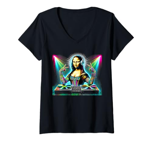 Damen DJ Mona Lisa DJ Rave Cool Cosmic Beats Art Design T-Shirt mit V-Ausschnitt von Dj tee shirts electronic beat lovers Gift for Dj