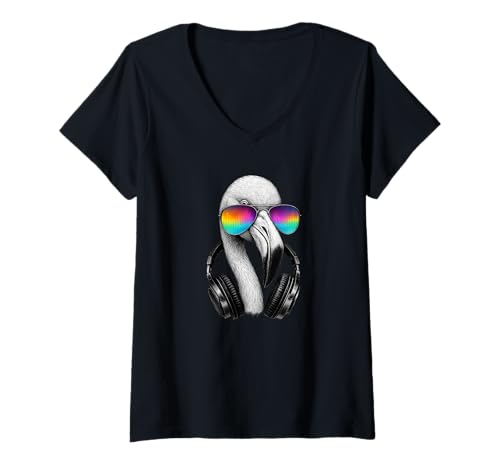 Damen Trippy Flamingo Bird Wearing Music Equalizer Sonnenbrille T-Shirt mit V-Ausschnitt Damen Trippy Flamingo Bird Wearing Music Equalizer Sonnenbrille T-Shirt mit V-Ausschnitt von DJ Flamingo Tunes Apparel