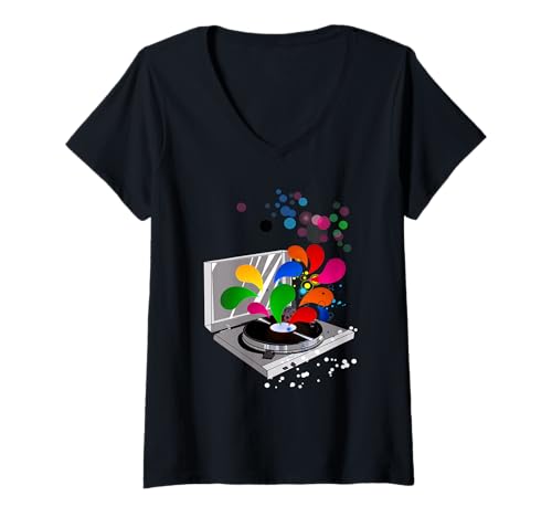 Damen DJ's Turn Table Vinyl Record Player Psychedelic Music T-Shirt T-Shirt mit V-Ausschnitt Damen DJ's Turn Table Vinyl Record Player Psychedelic Music T-Shirt T-Shirt mit V-Ausschnitt von DJ House Tees