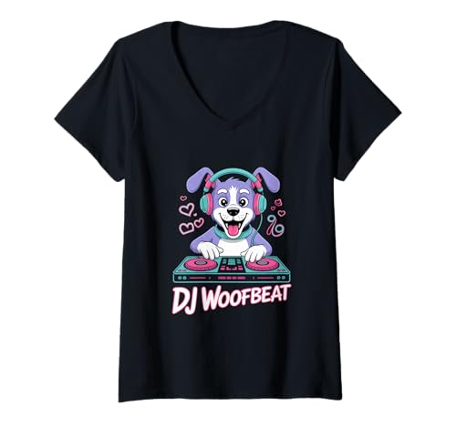 Damen Woofbeat Hund Musik Party Club DJ WOOFBEAT Turntables T-Shirt mit V-Ausschnitt Damen Woofbeat Hund Musik Party Club DJ WOOFBEAT Turntables T-Shirt mit V-Ausschnitt von DJ Hund Musik Party Club Beats Kopfhörer