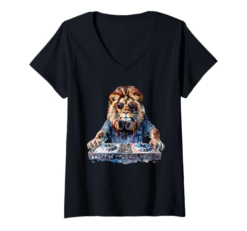 Damen DJ Lion DJ Dance Party Musik Plattenspieler Disc Jockey Animal T-Shirt mit V-Ausschnitt von DJ Music Art