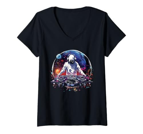 Damen DJ Space Plattenspieler Mixer Disc Jockey Galaxy Astronaut T-Shirt mit V-Ausschnitt von DJ Music Art