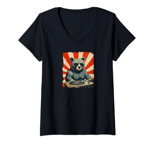 Damen Funny DJ Grizzly Bear Disco Sound Tech Headphone Music T-Shirt mit V-Ausschnitt Damen Funny DJ Grizzly Bear Disco Sound Tech Headphone Music T-Shirt mit V-Ausschnitt von DJ Sound Design DearPrint