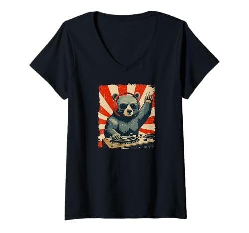 Damen Funny DJ Grizzly Bear Disco Sound Tech Headphone Music T-Shirt mit V-Ausschnitt Damen Funny DJ Grizzly Bear Disco Sound Tech Headphone Music T-Shirt mit V-Ausschnitt von DJ Sound Design DearPrint