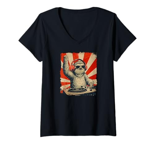 Damen Funny DJ Sloth Disco Sound Tech Headphone Music T-Shirt mit V-Ausschnitt Damen Funny DJ Sloth Disco Sound Tech Headphone Music T-Shirt mit V-Ausschnitt von DJ Sound Design DearPrint