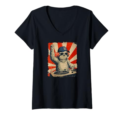 Damen Funny DJ Sloth Disco Sound Tech Headphone Music T-Shirt mit V-Ausschnitt Damen Funny DJ Sloth Disco Sound Tech Headphone Music T-Shirt mit V-Ausschnitt von DJ Sound Design DearPrint