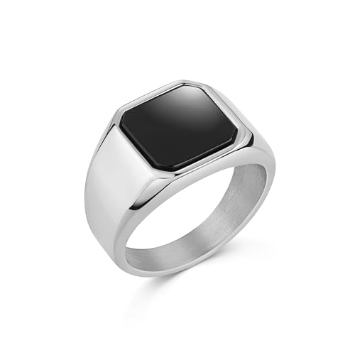 DJADEE Innovative Herren Ring Edelstahl-Silber-Weißgold-beschichteter Onyx-Stein-Herrenring schwarz, wasserfest, nickelfrei, Geschenk für Männer Jungs (18,8 mm Ø - 59) von DJADEE