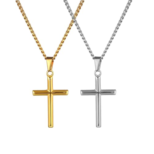 DJADEE Kreuzanhänger Gold Silber aus Edelstahl mit 18 Karat Vergoldung, 50 cm Kette, wasserfest, Hypoallergen (35 x 22 mm + Kette 50 cm, Silber) von DJADEE