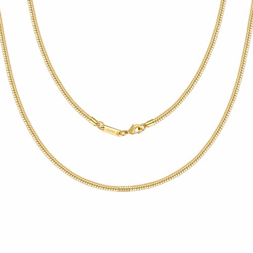 DJADEE Schlangenkette Gold 24 Karat vergoldet wasserfest 1,2-3 mm breit 40-80 cm lang Hypoallergen Messing Halskette Damen Herren Kinder gestempelt Hellgold (1,2 mm x 50 cm) von DJADEE