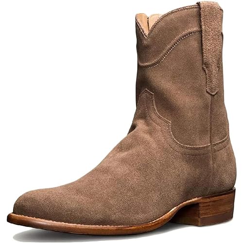 DJFOG Herren Biker Ritterstiefel Wildleder Kurze Stiefel Runde Zehen Reitschuhe Vintage Western Cowboy Stil Große Schuhe mit seitlichem Reißverschluss,Braun,41 EU von DJFOG